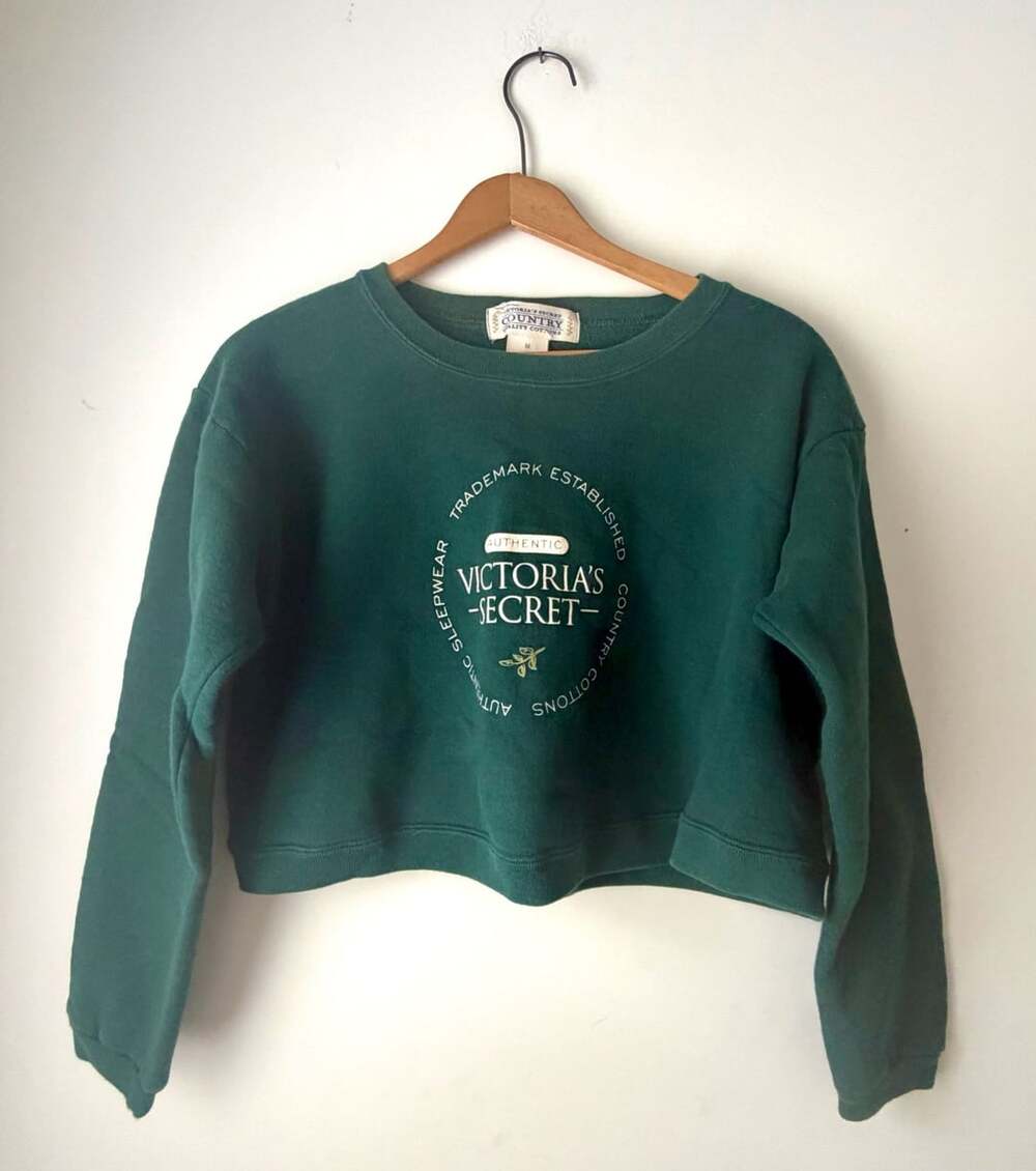 1990s Victoria's Secret Green Cropped Sweatshirt Long Sleeves Country Cotton Med